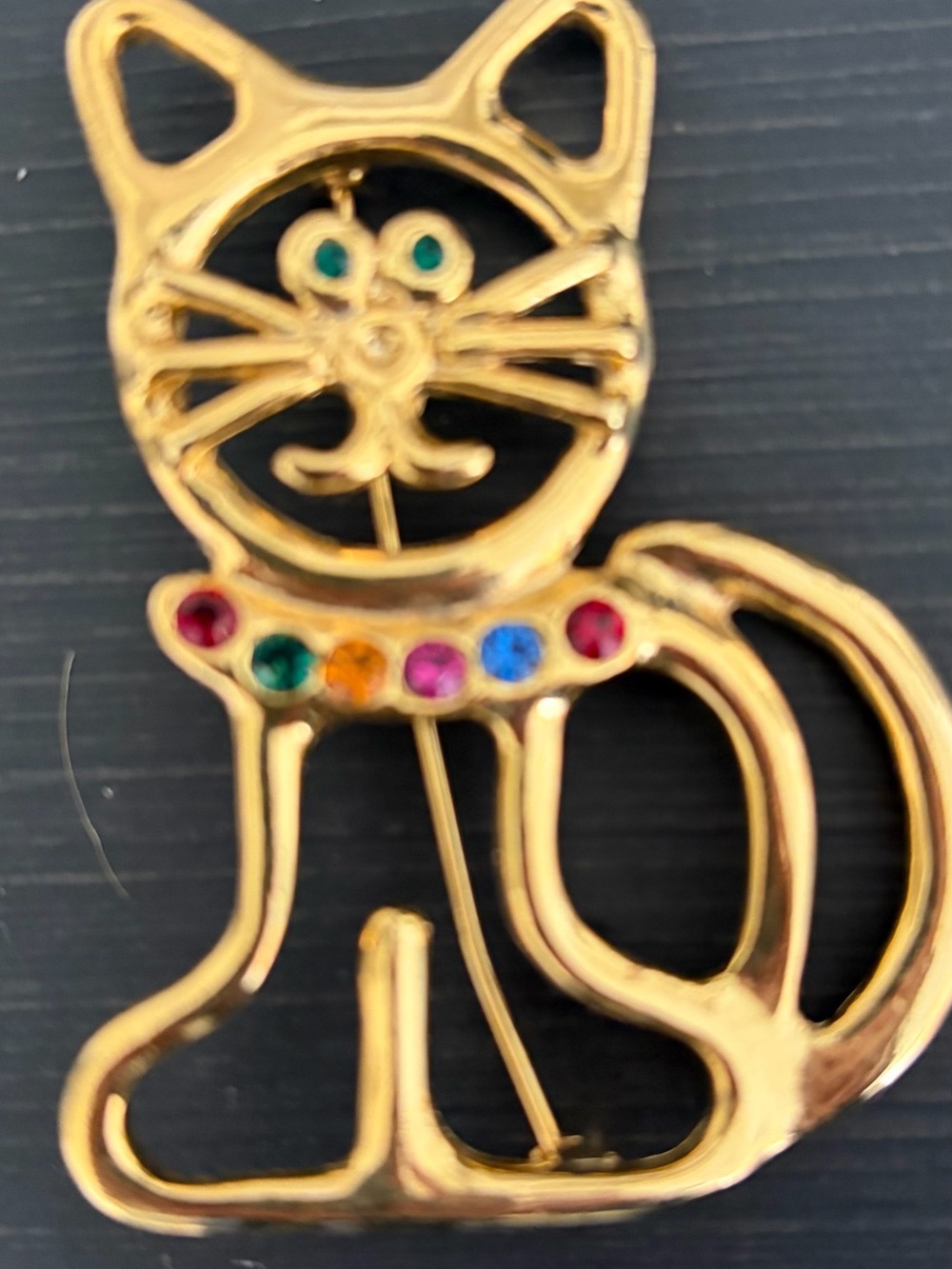 Gold Cat Brooch with Multicolor Gem Accents - Unbranded